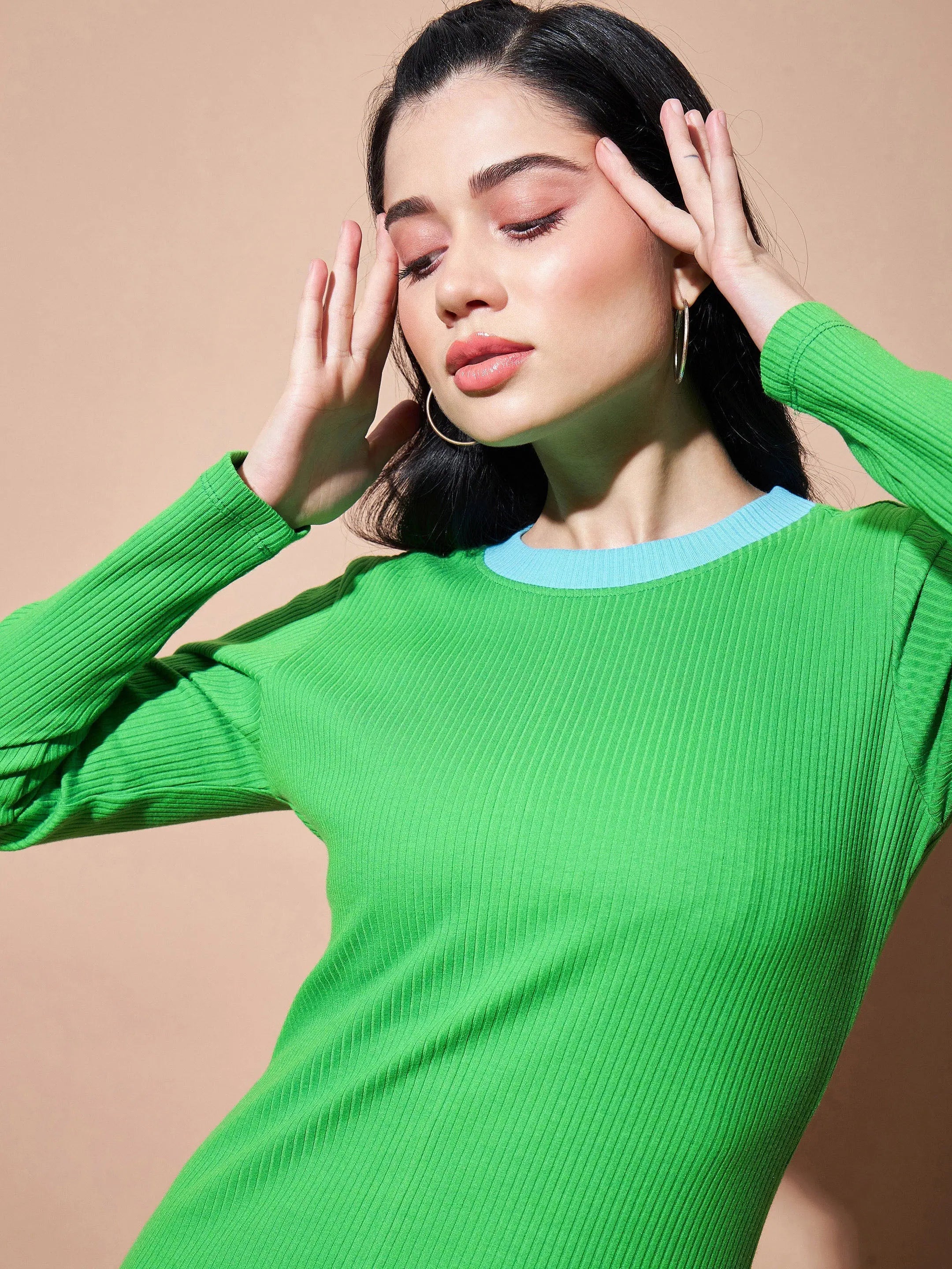 Green Contrast Rib Bodycon Dress | Slim Fit Cotton Dress