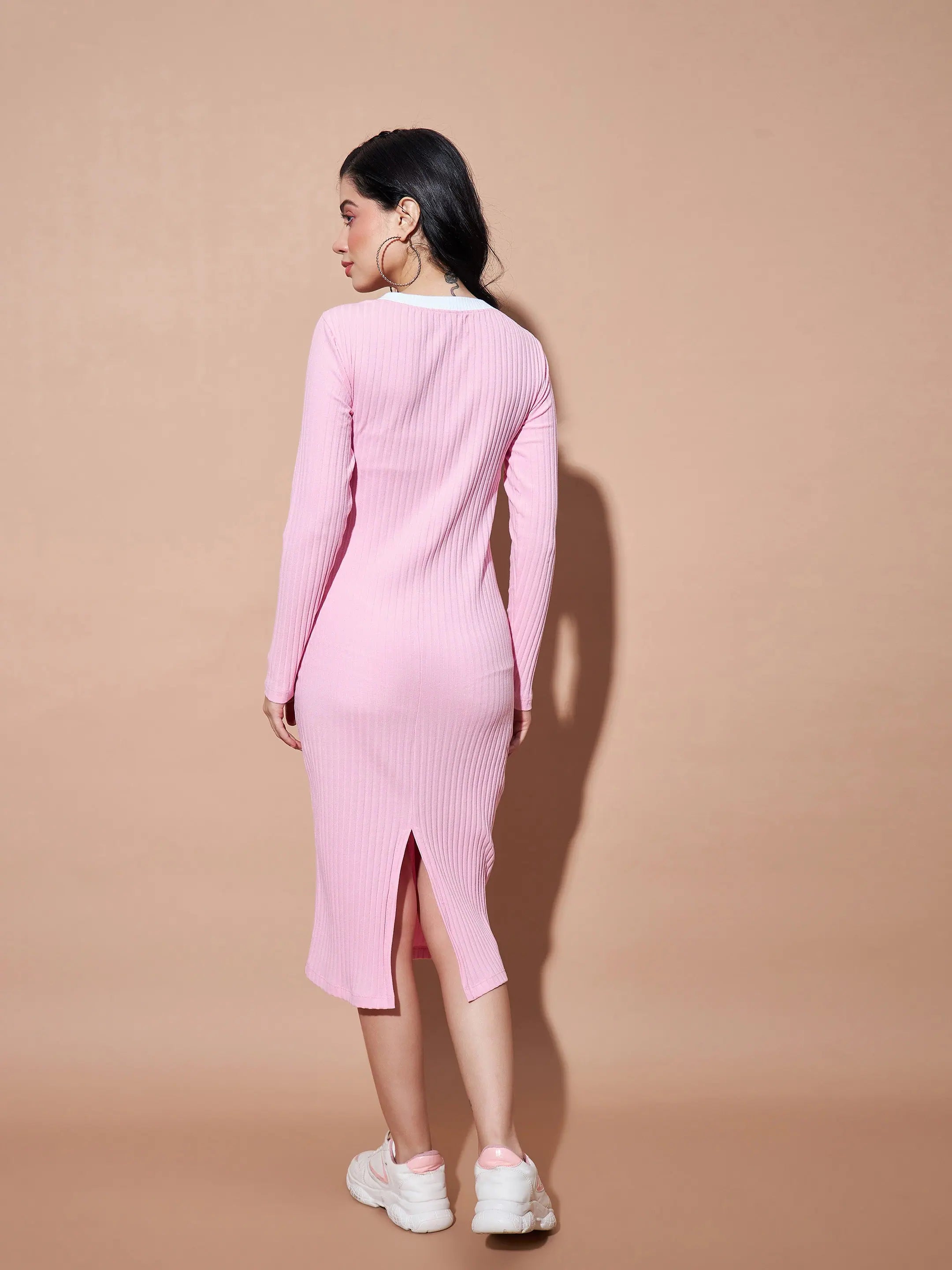 Pink Contrast Rib Bodycon Dress | Women's Cotton Rib Dress