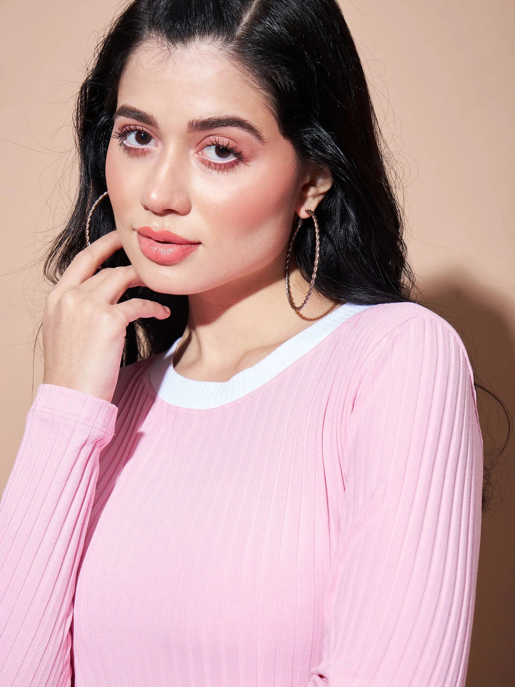 Pink Contrast Rib Bodycon Dress | Women's Cotton Rib Dress