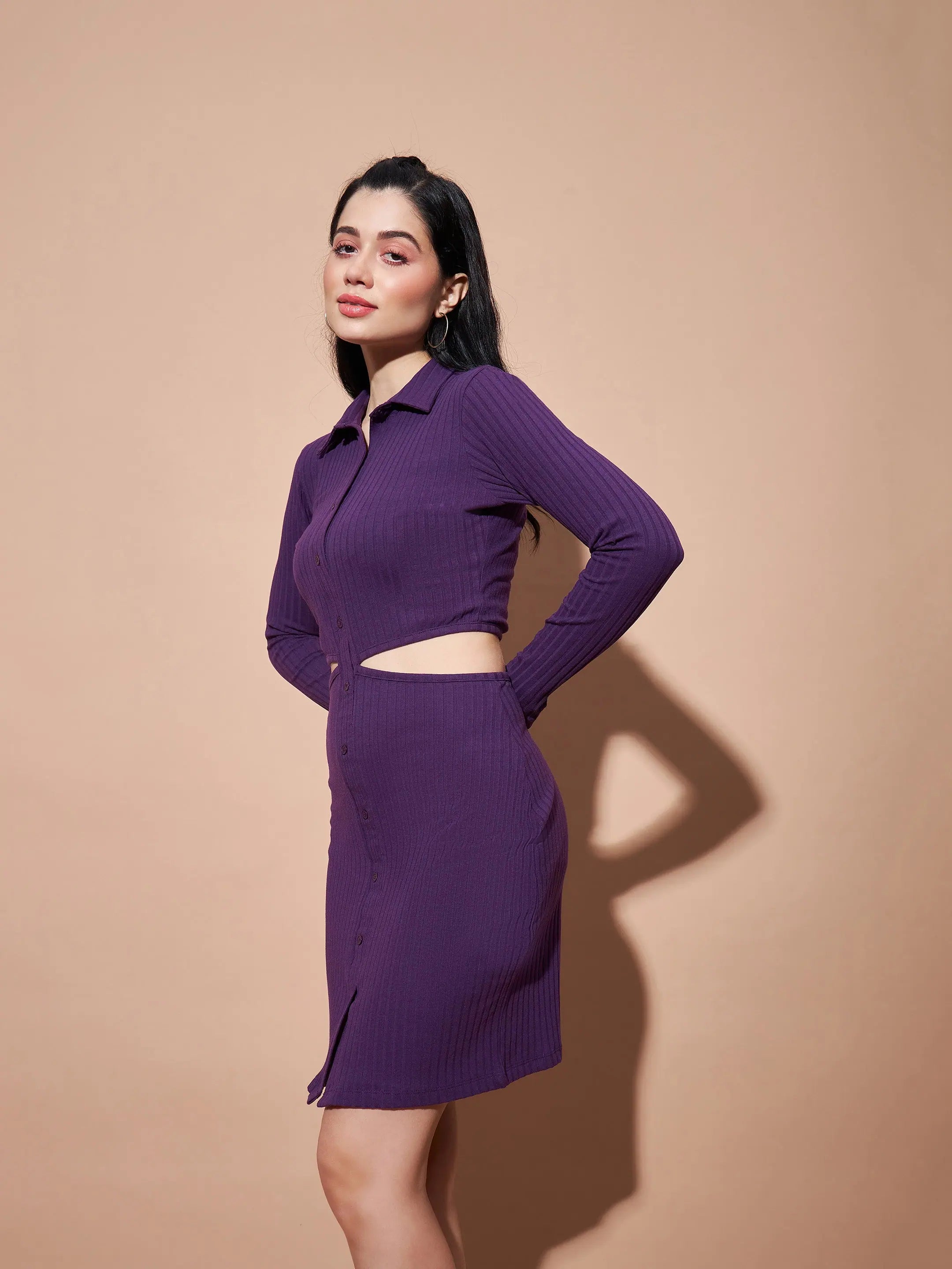 Purple Cut-Out Bodycon Rib Dress | Stylish Women's Dress