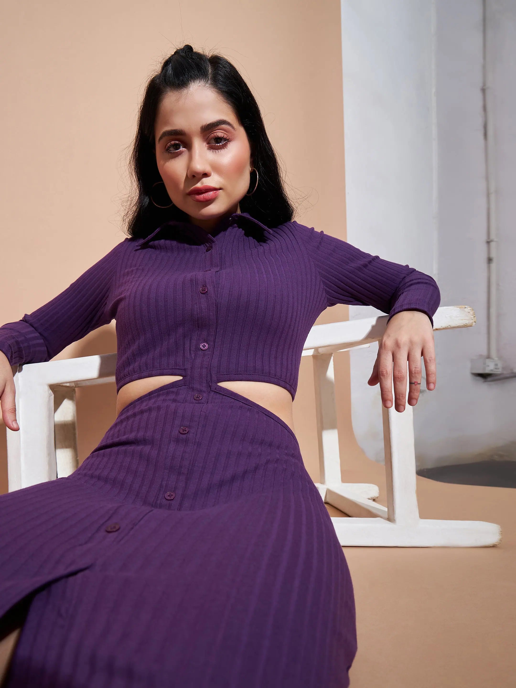 Purple Cut-Out Bodycon Rib Dress | Stylish Women's Dress