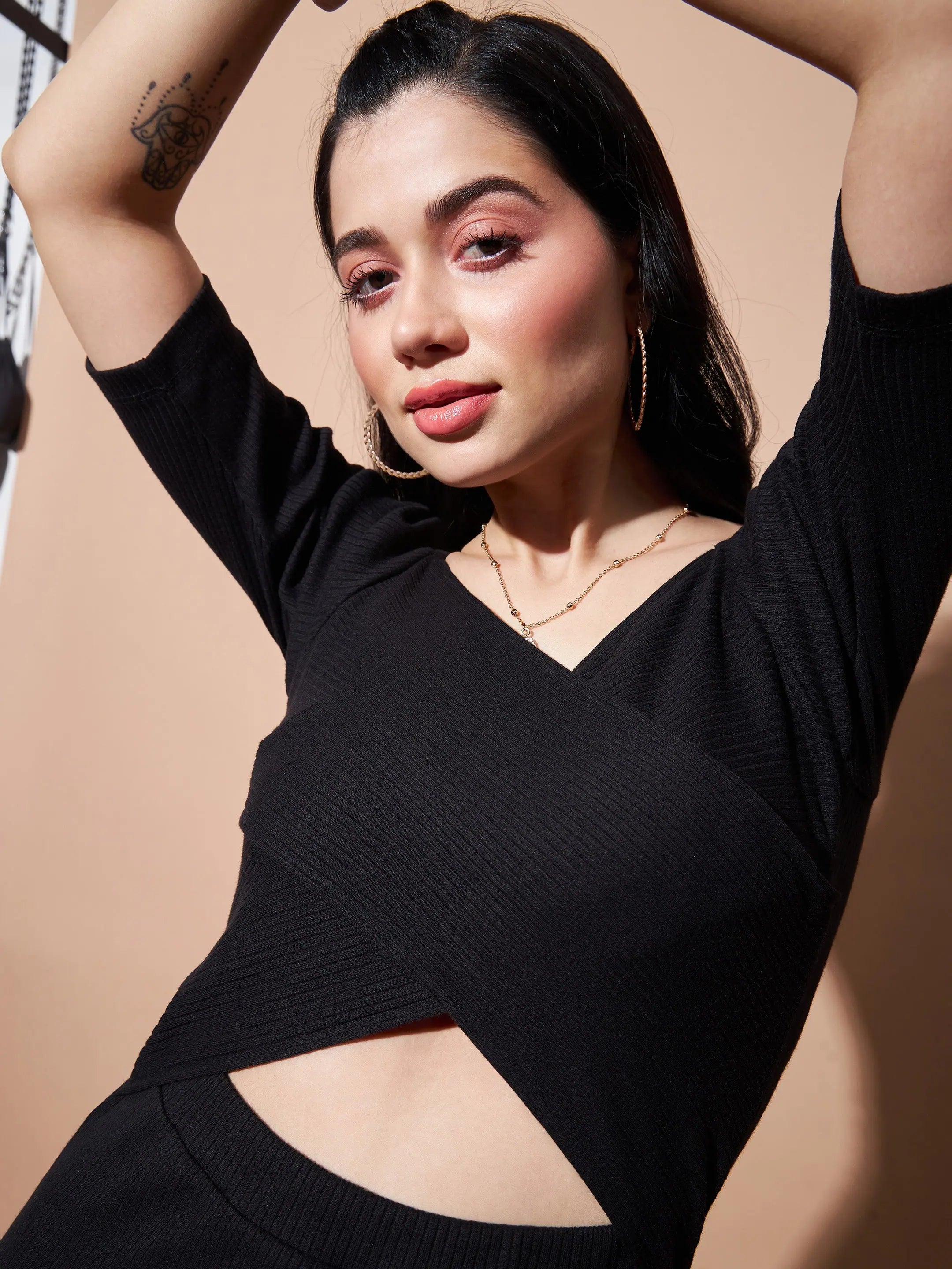 Black Rib Maxi Dress - Side Slit V-Neck | Cotton Fabric