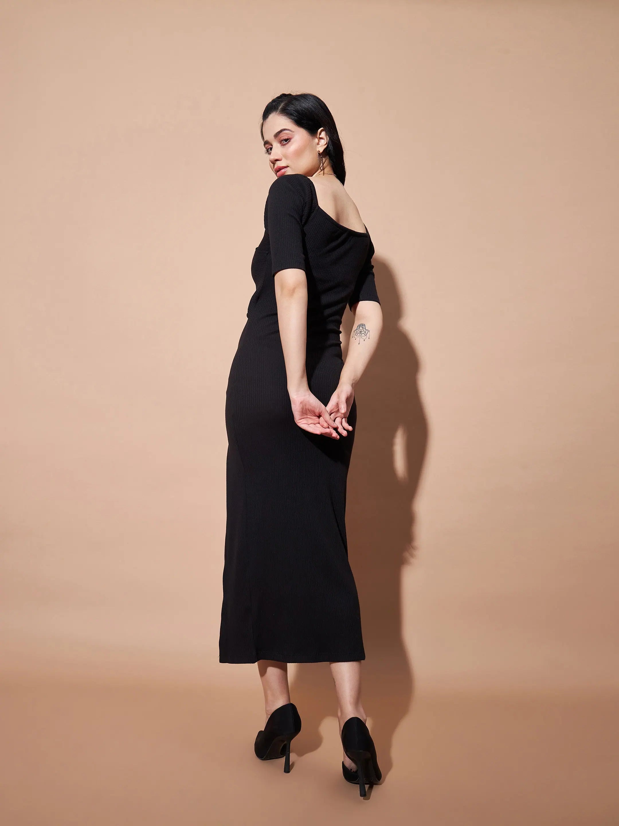 Black Rib Maxi Dress - Side Slit V-Neck | Cotton Fabric