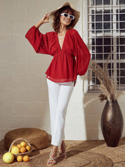 Women Red V-Neck Peplum Top