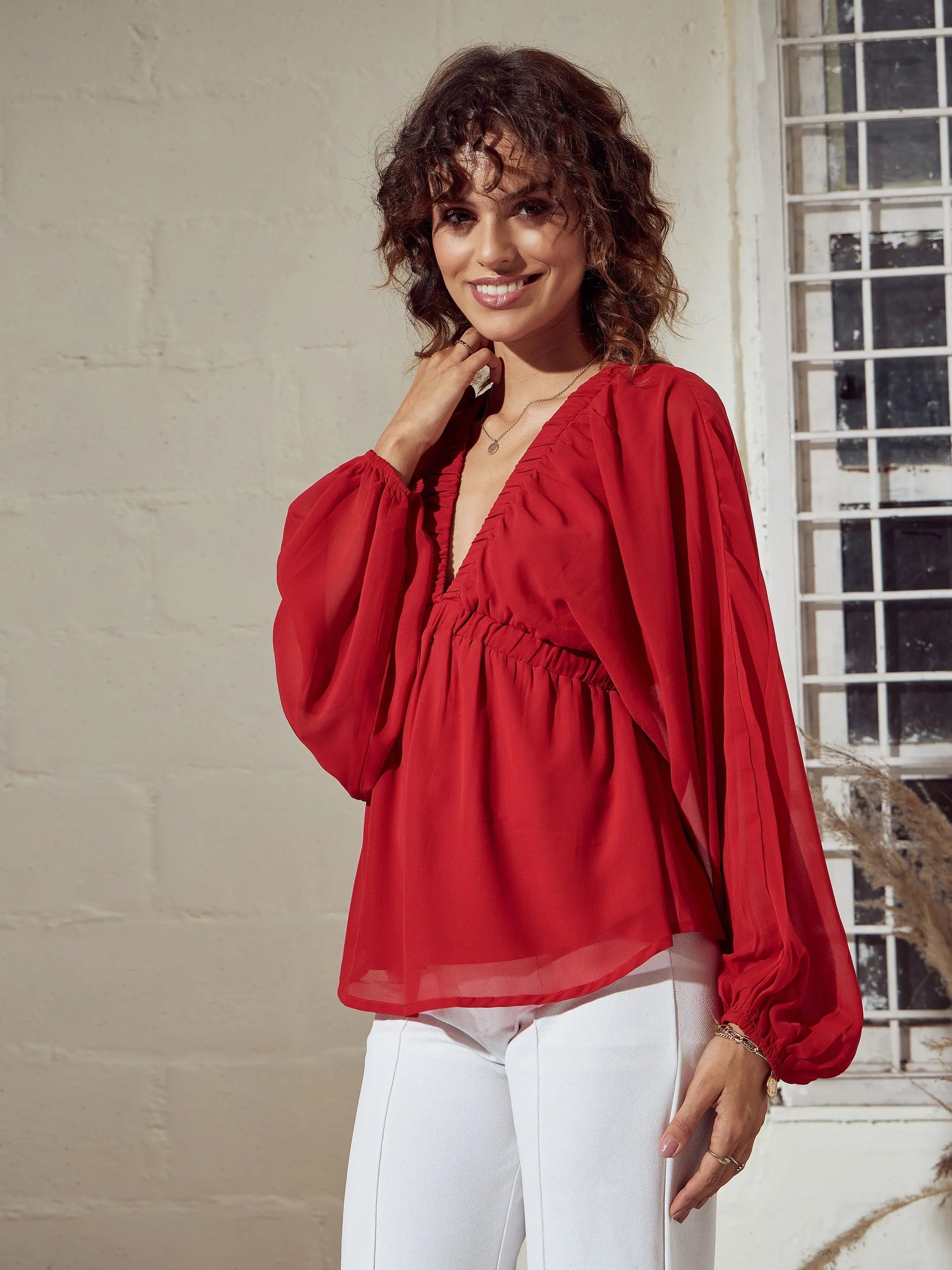 Red V-Neck Peplum Top - Women's Western Wear & Clothing Shop