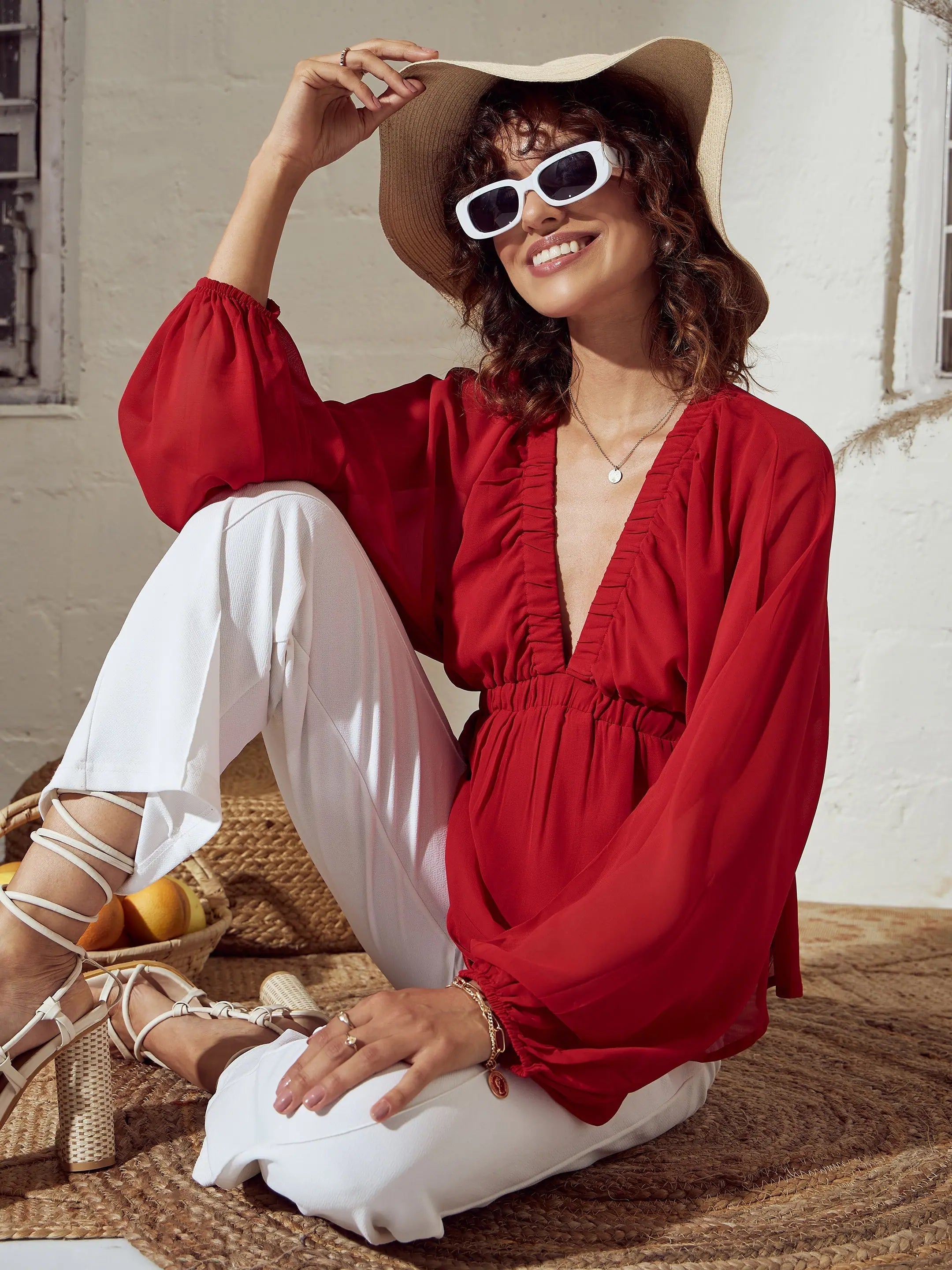 Red V-Neck Peplum Top - Women's Western Wear & Clothing Shop