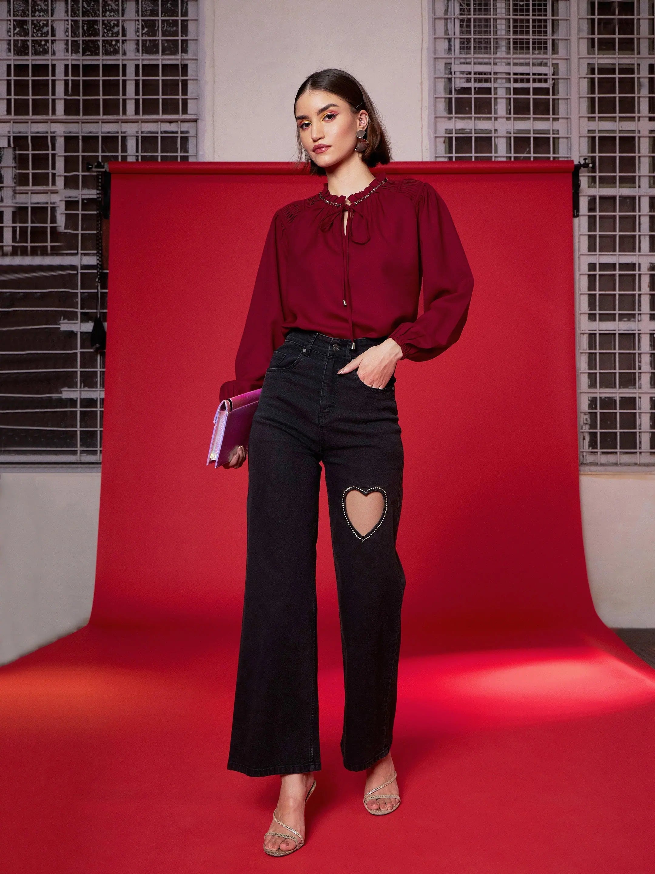 Maroon Embellished Puff Sleeve Top | Women's Clothing