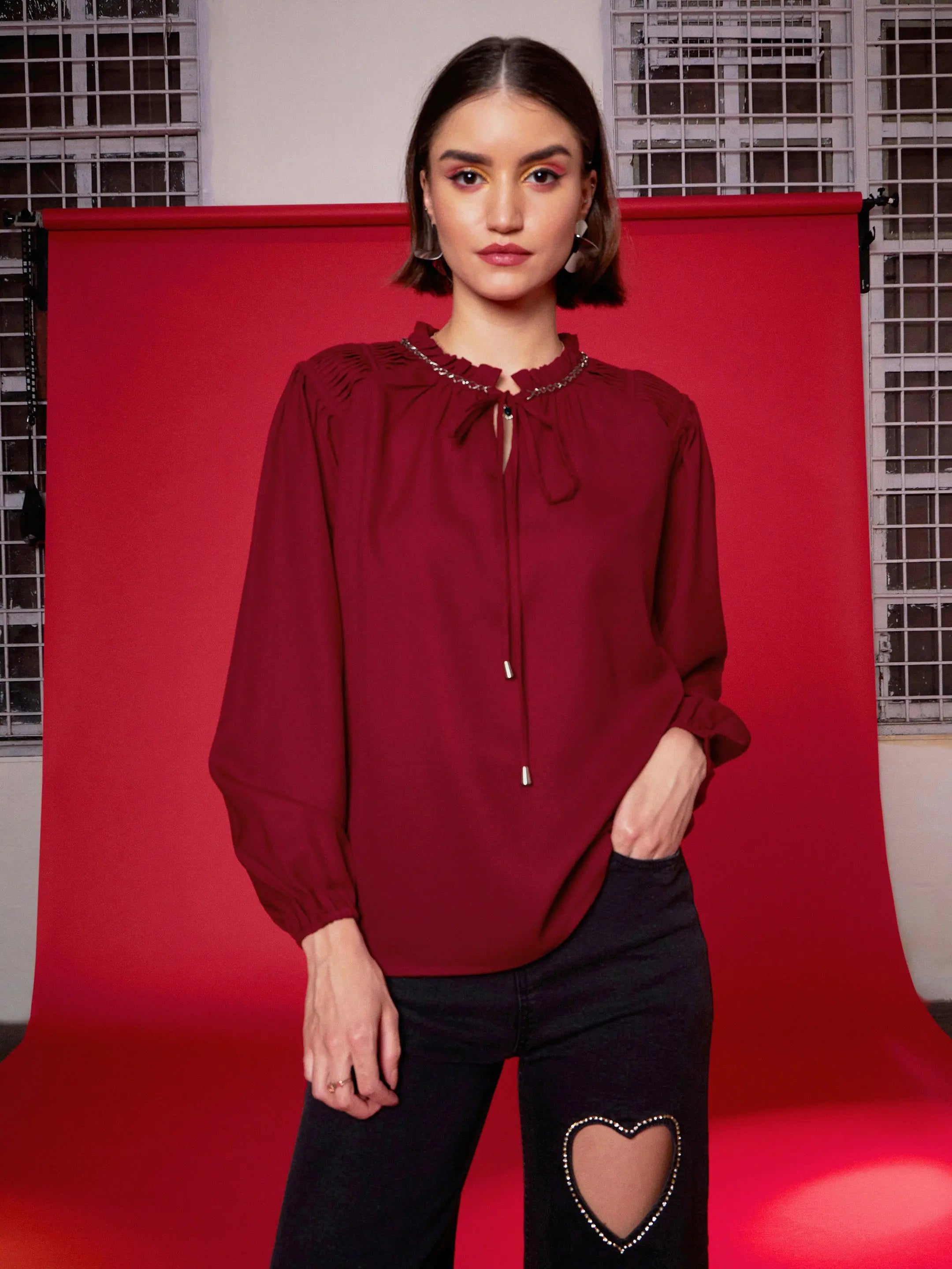 Maroon Embellished Puff Sleeve Top | Women's Clothing