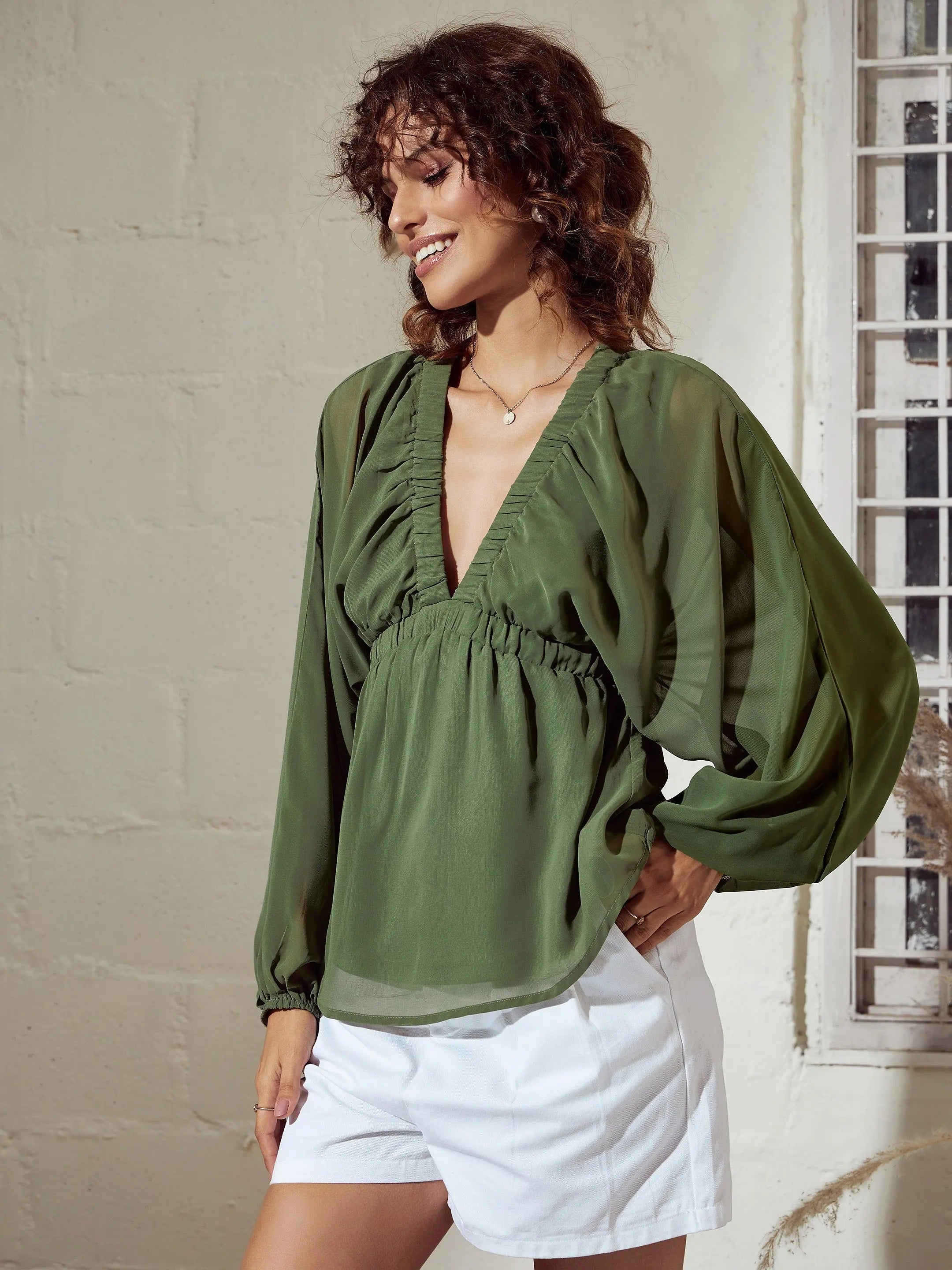 Olive V-Neck Peplum Top | Women's Western Wear Online