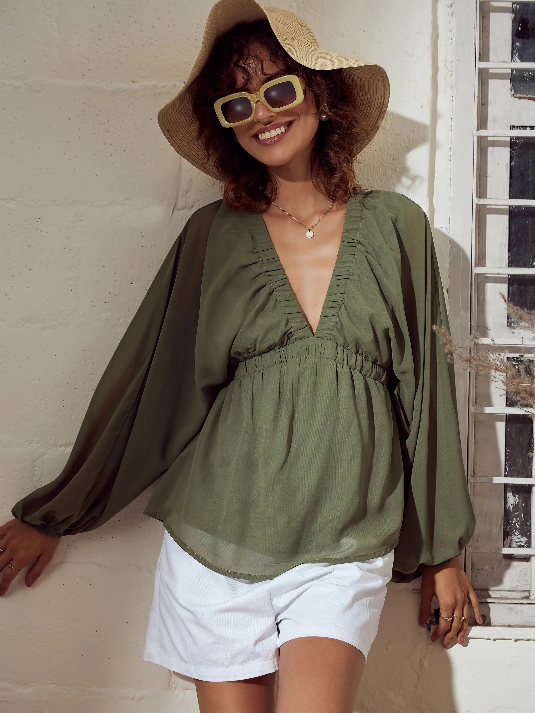 Olive V-Neck Peplum Top | Women's Western Wear Online
