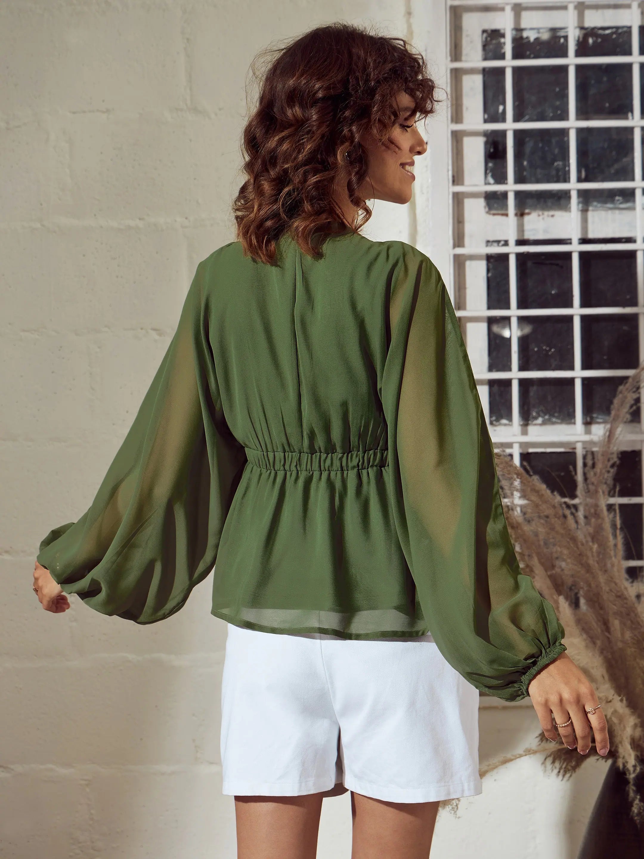Olive V-Neck Peplum Top | Women's Western Wear Online