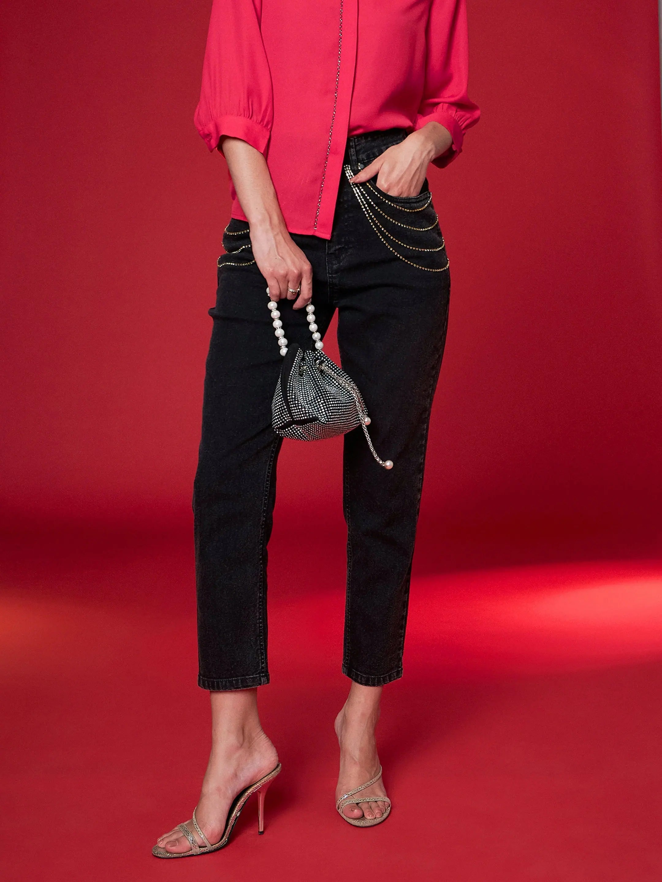 Black Denim Diamante Relax Jeans | Ethnic Lehenga
