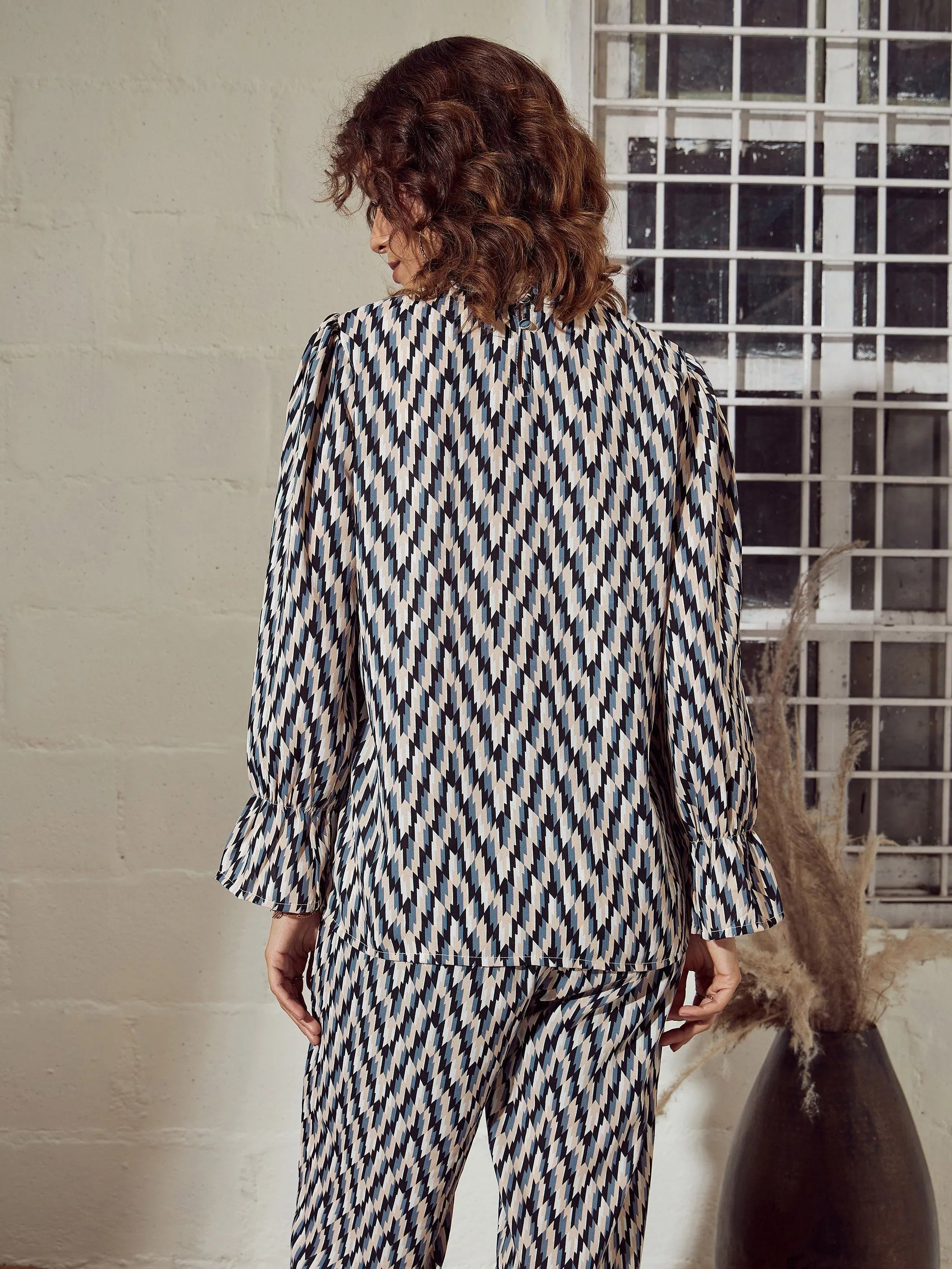 Beige Abstract Frill Neck Top | Women's Western Wear