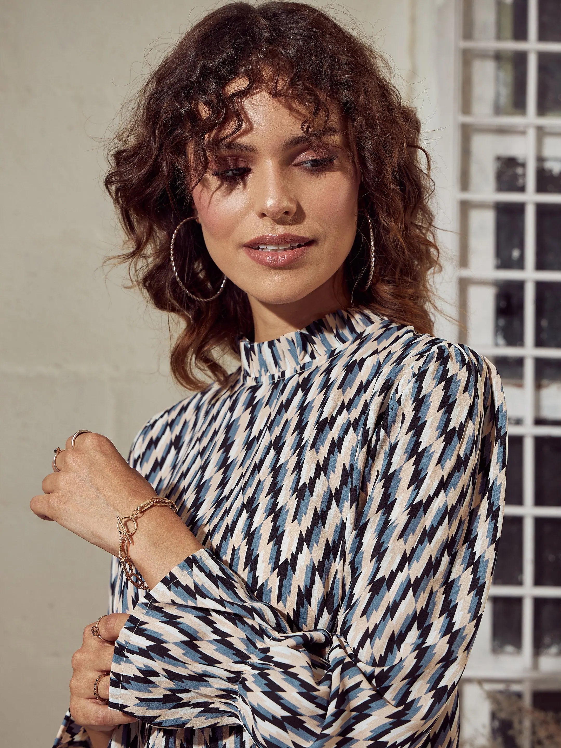 Beige Abstract Frill Neck Top | Women's Western Wear