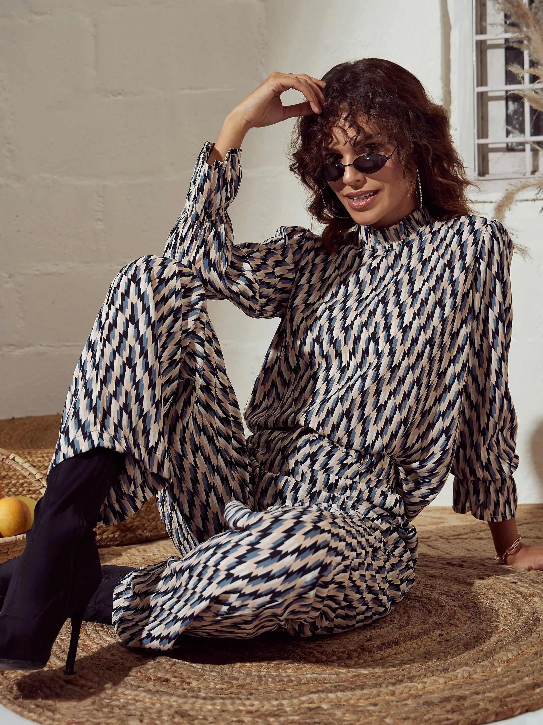 Beige Abstract Frill Neck Top | Women's Western Wear