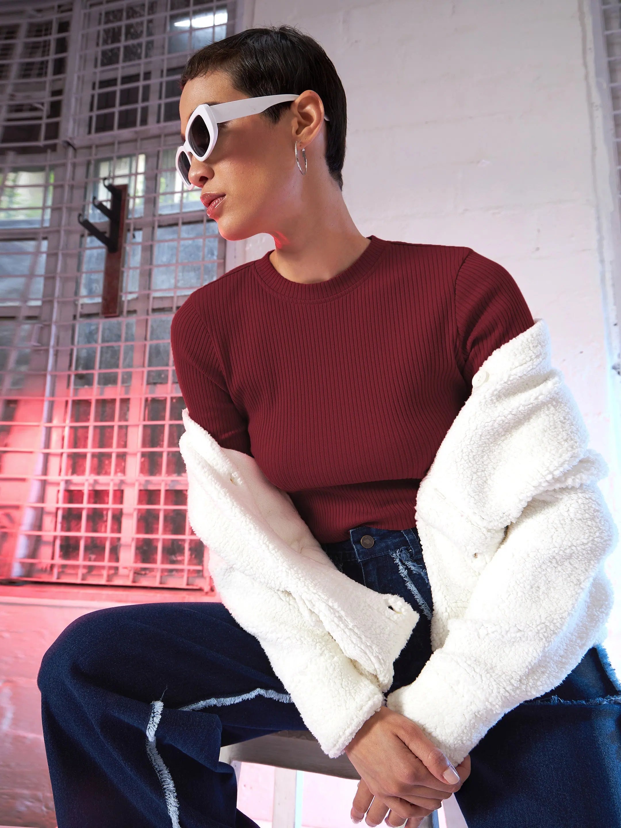 Maroon Cut Out Rib Top | Women's Tops & Blouses