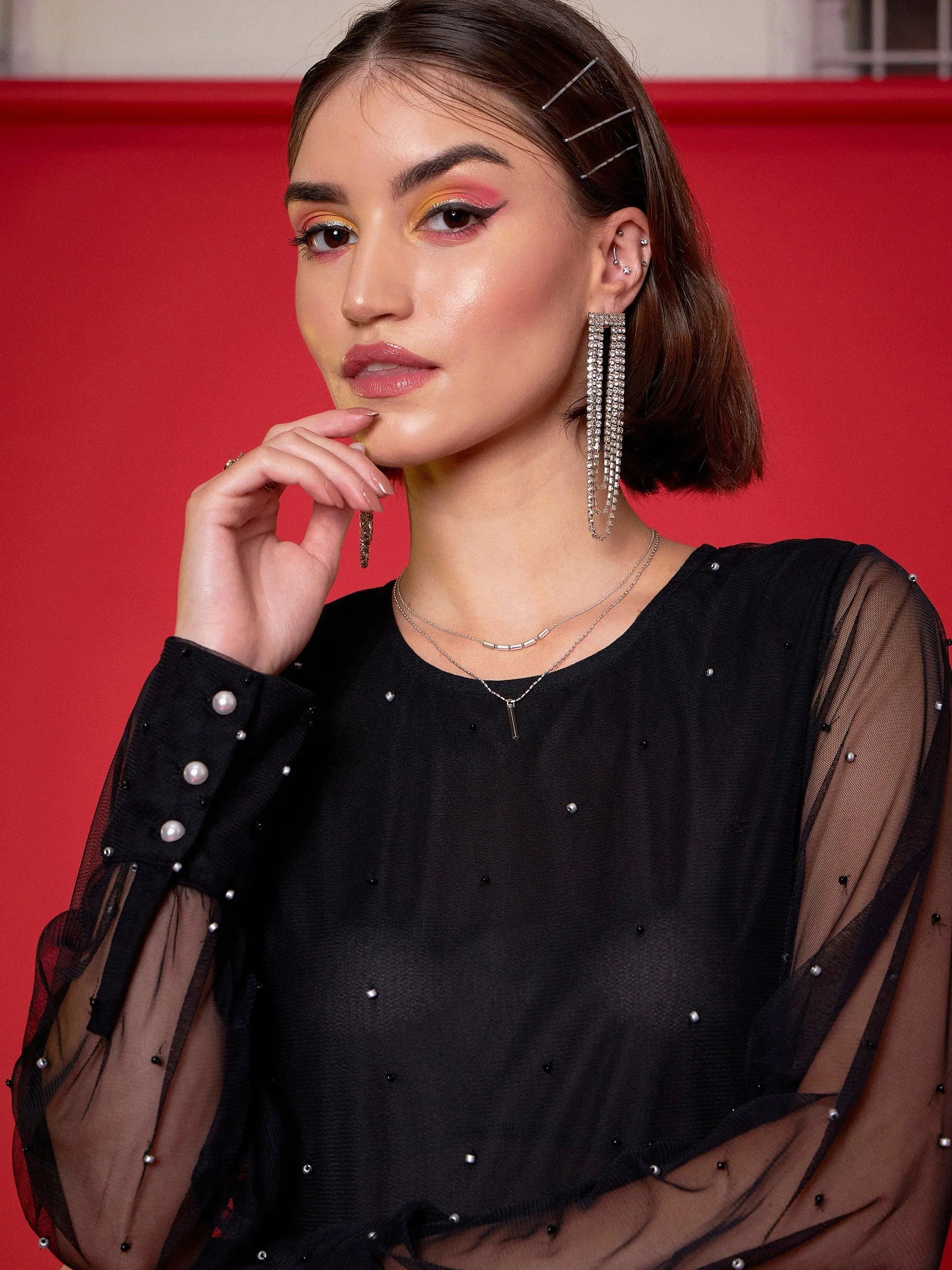 Black Embellished Mesh Skater Dress - Women's Party Lehenga