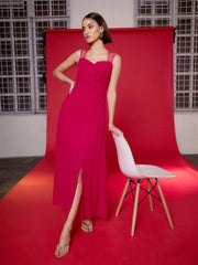 Women Red Embellished Back Cut Out Maxi Dress