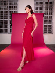 Women Red Embellished Back Cut Out Maxi Dress