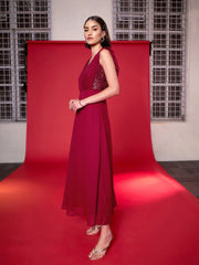 Women Maroon Sequin Flared Maxi Dress