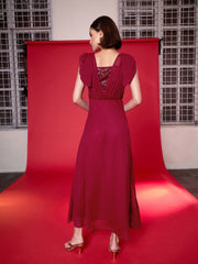 Women Maroon Sequin Flared Maxi Dress