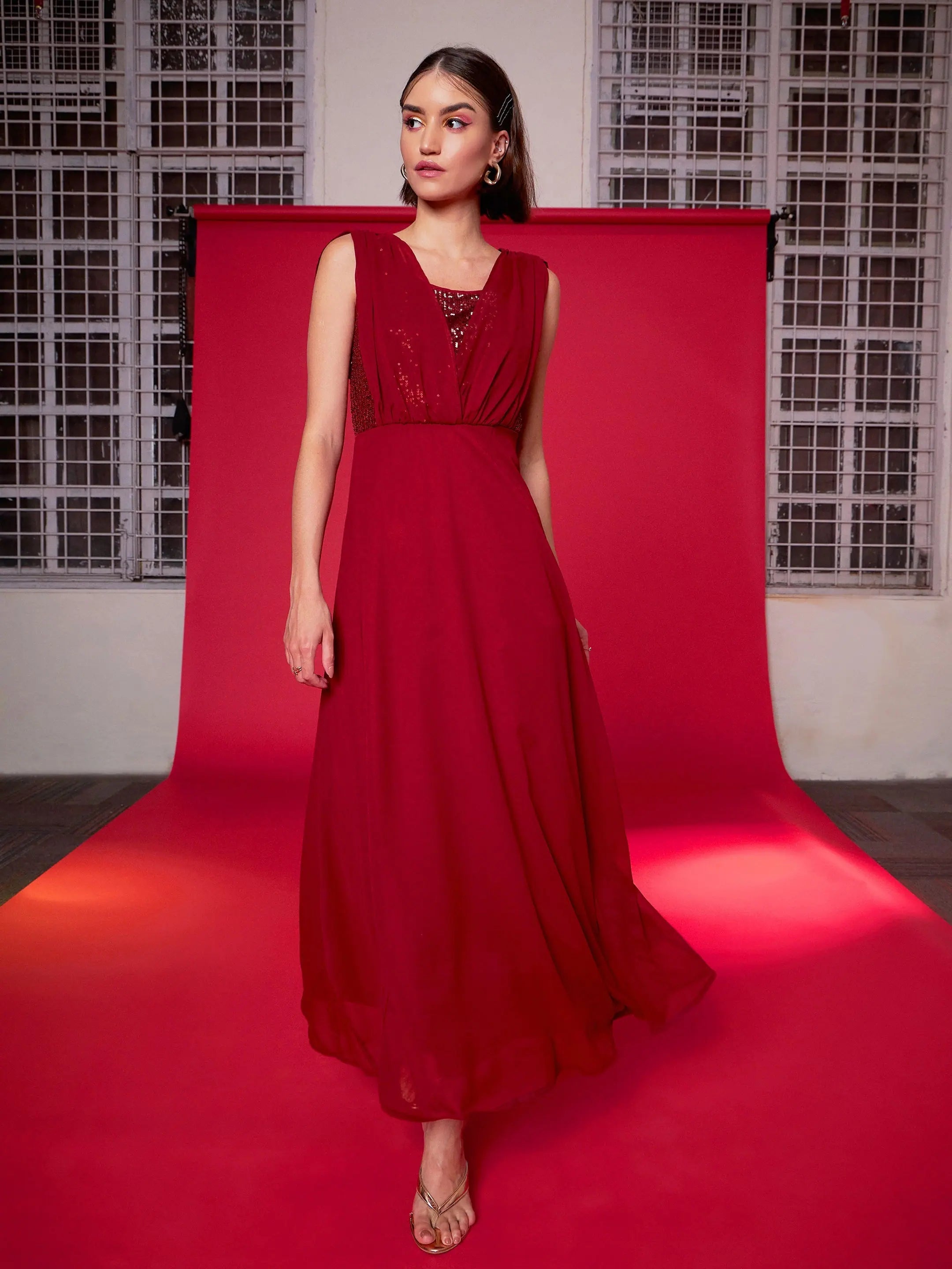 Women's Maroon Sequin Flared Maxi Dress - Party Lehenga Style Women's Maroon Sequin Flared Maxi Dress - Party Lehenga Style