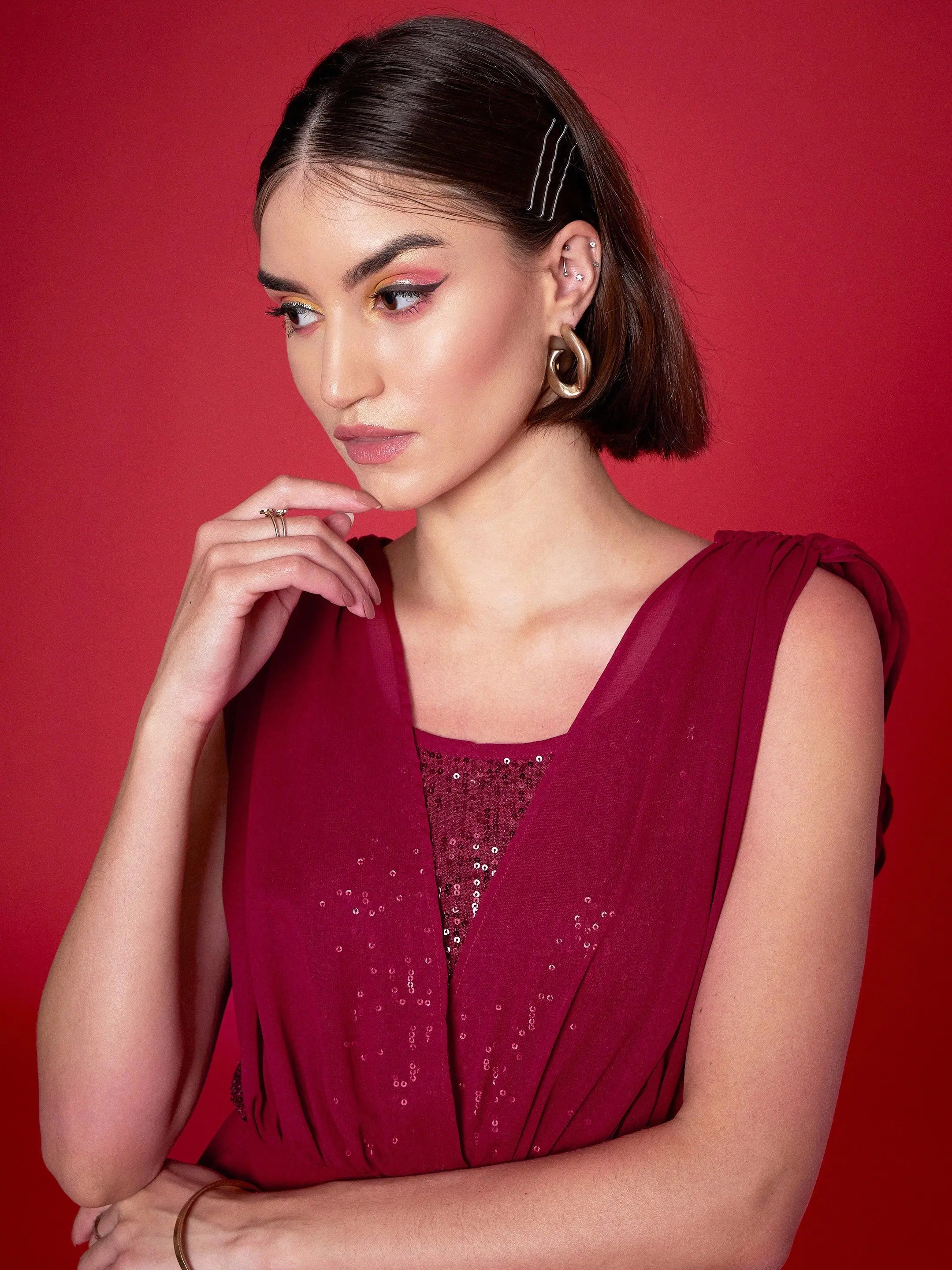 Women's Maroon Sequin Flared Maxi Dress - Party Lehenga Style