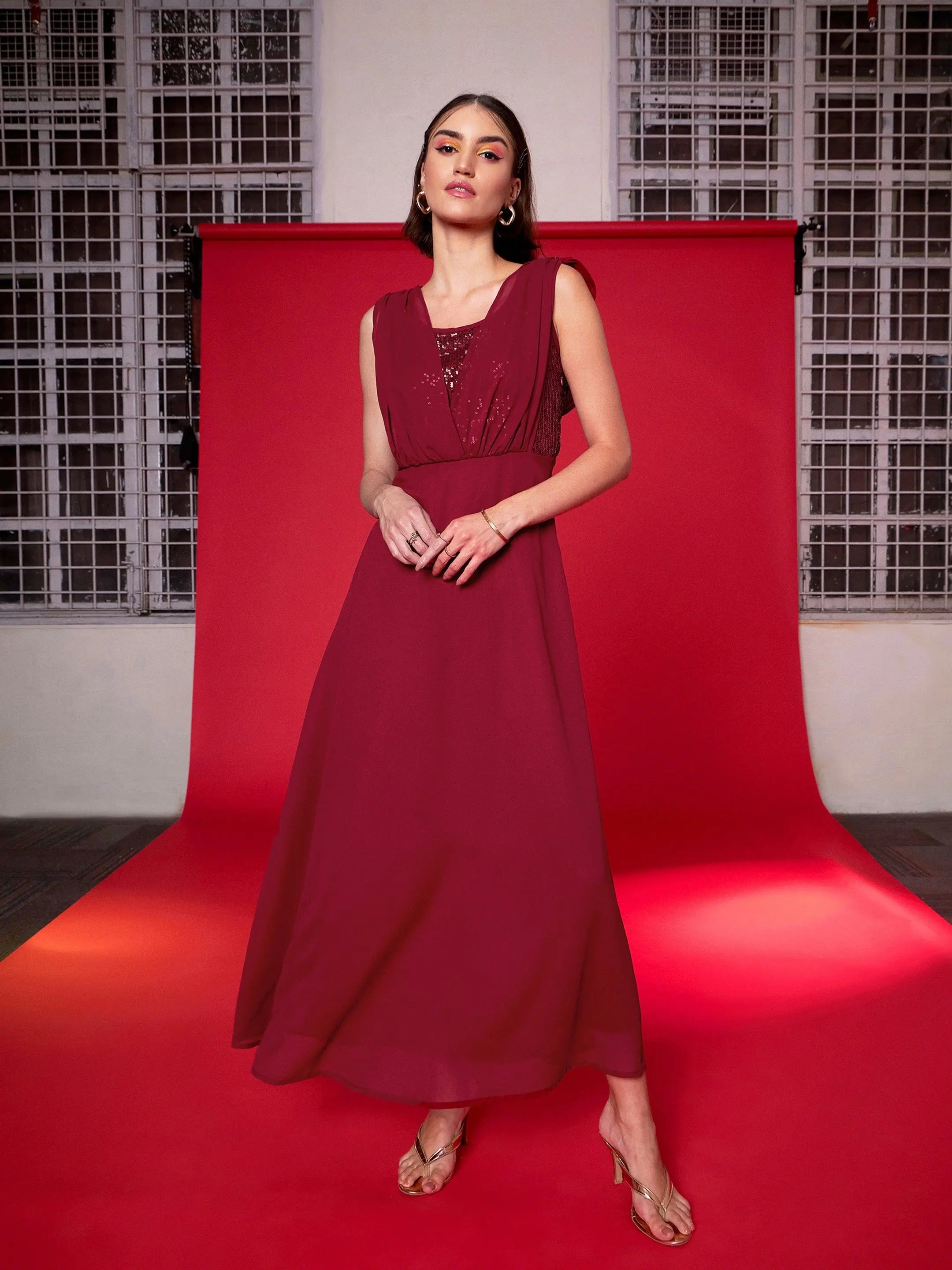 Women's Maroon Sequin Flared Maxi Dress - Party Lehenga Style