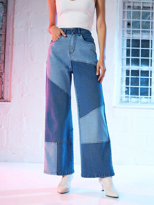 Women Blue Colour Block Straight Fit Jeans 2160
