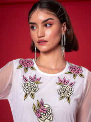 Women White Front Embellished Mesh Net Skater Dress