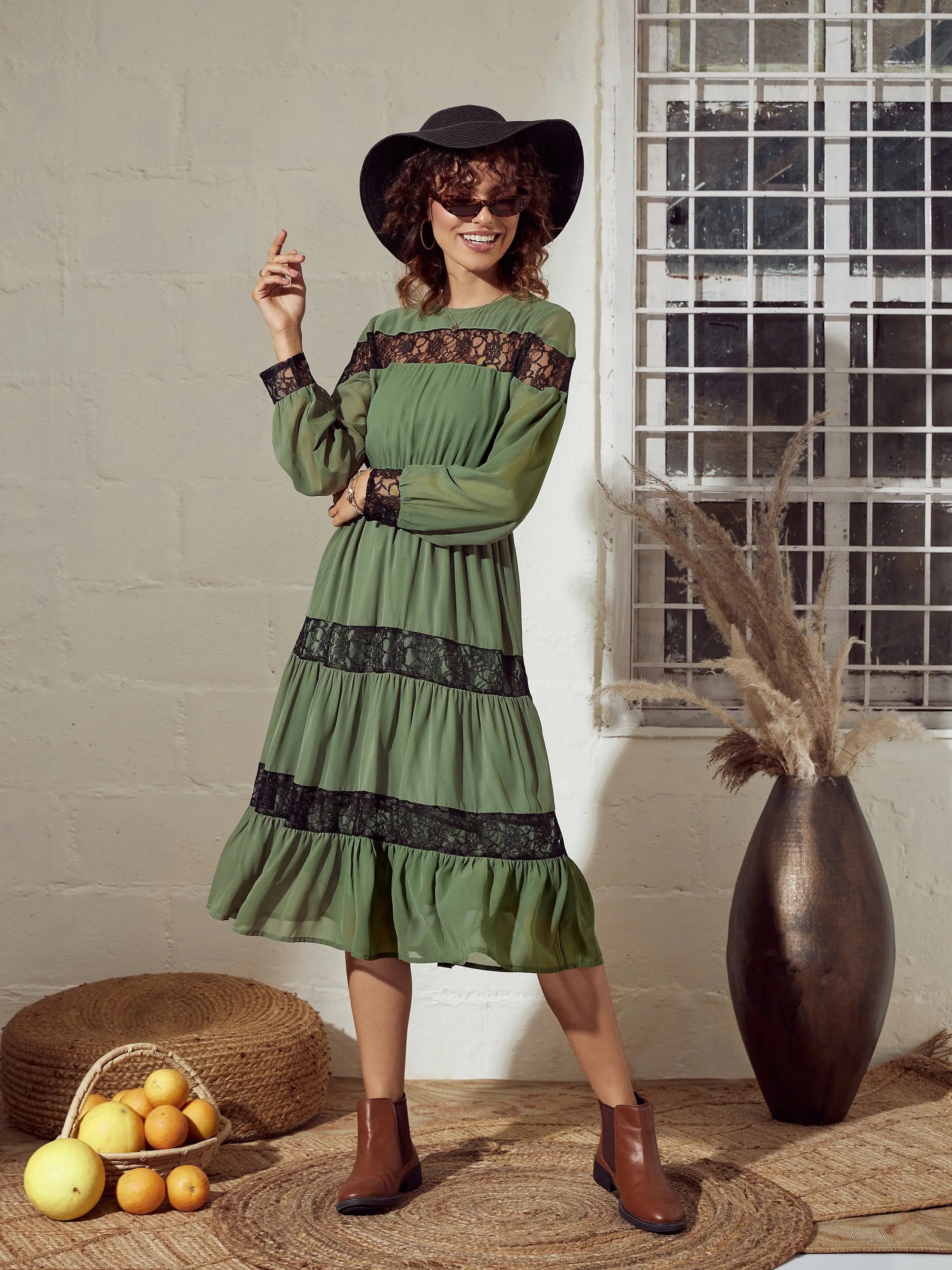 Olive Lace Midi Dress | Tiered Women's Designer Dress Online