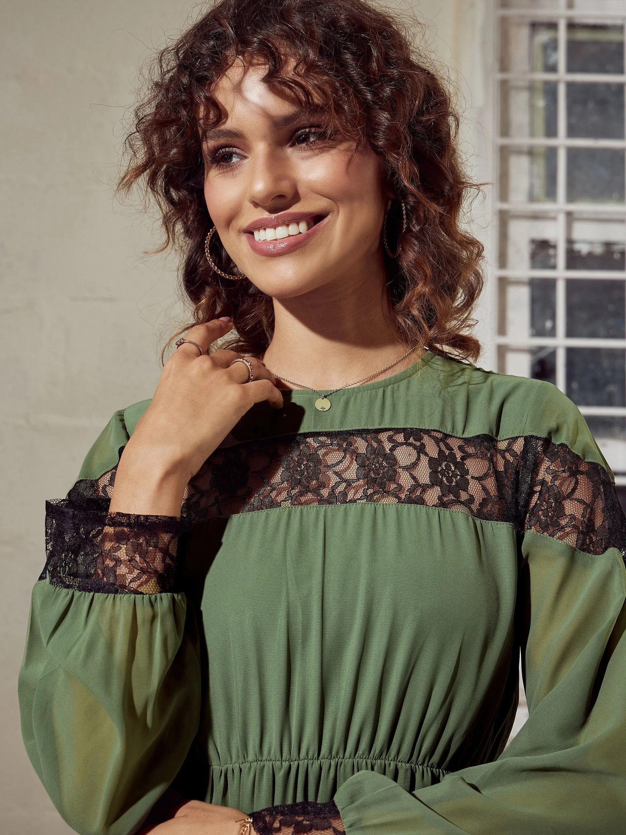 Olive Lace Midi Dress | Tiered Women's Designer Dress Online