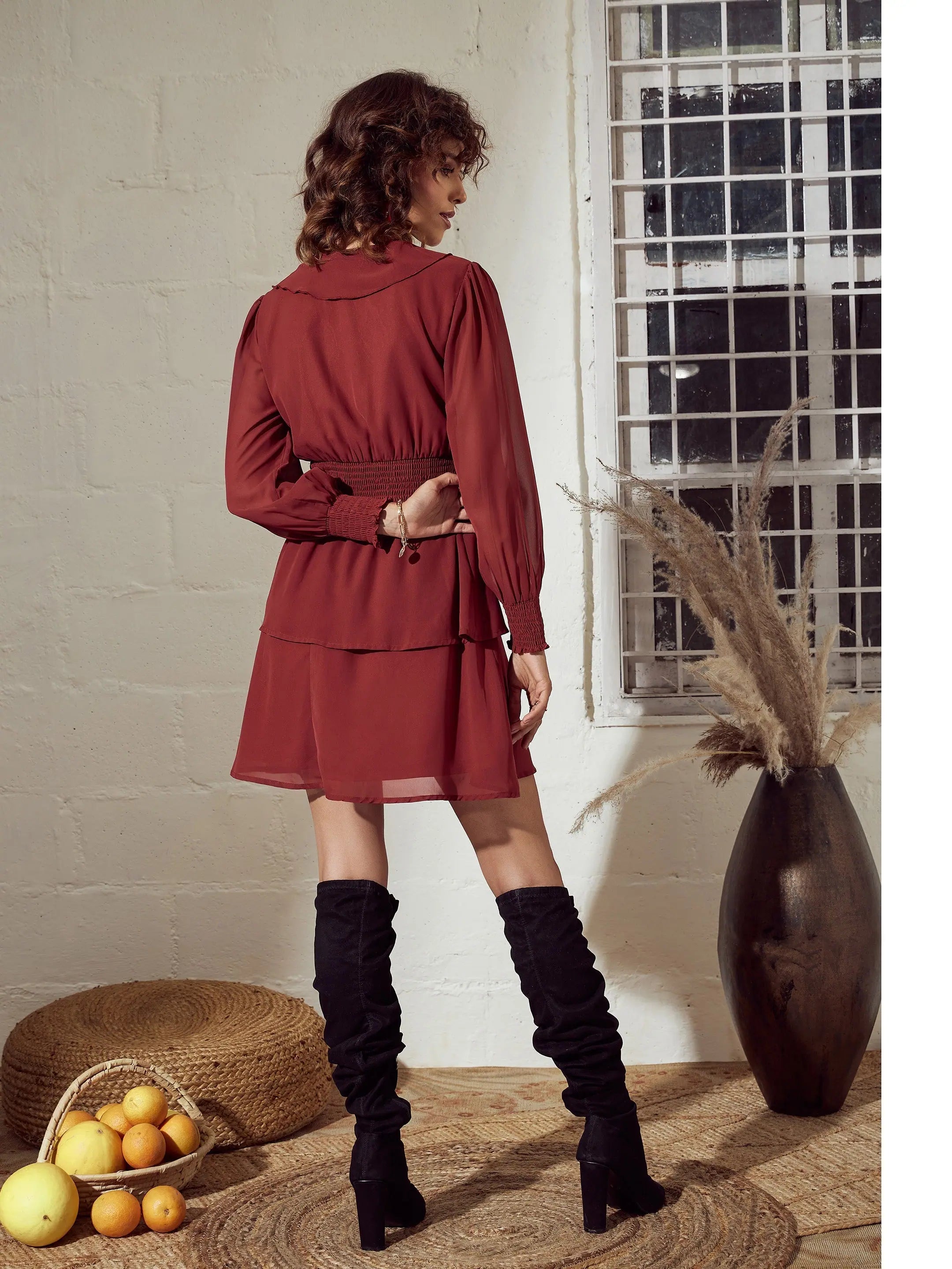 Rust Flared Mini Dress | Smoked Waist Women's Dress Online