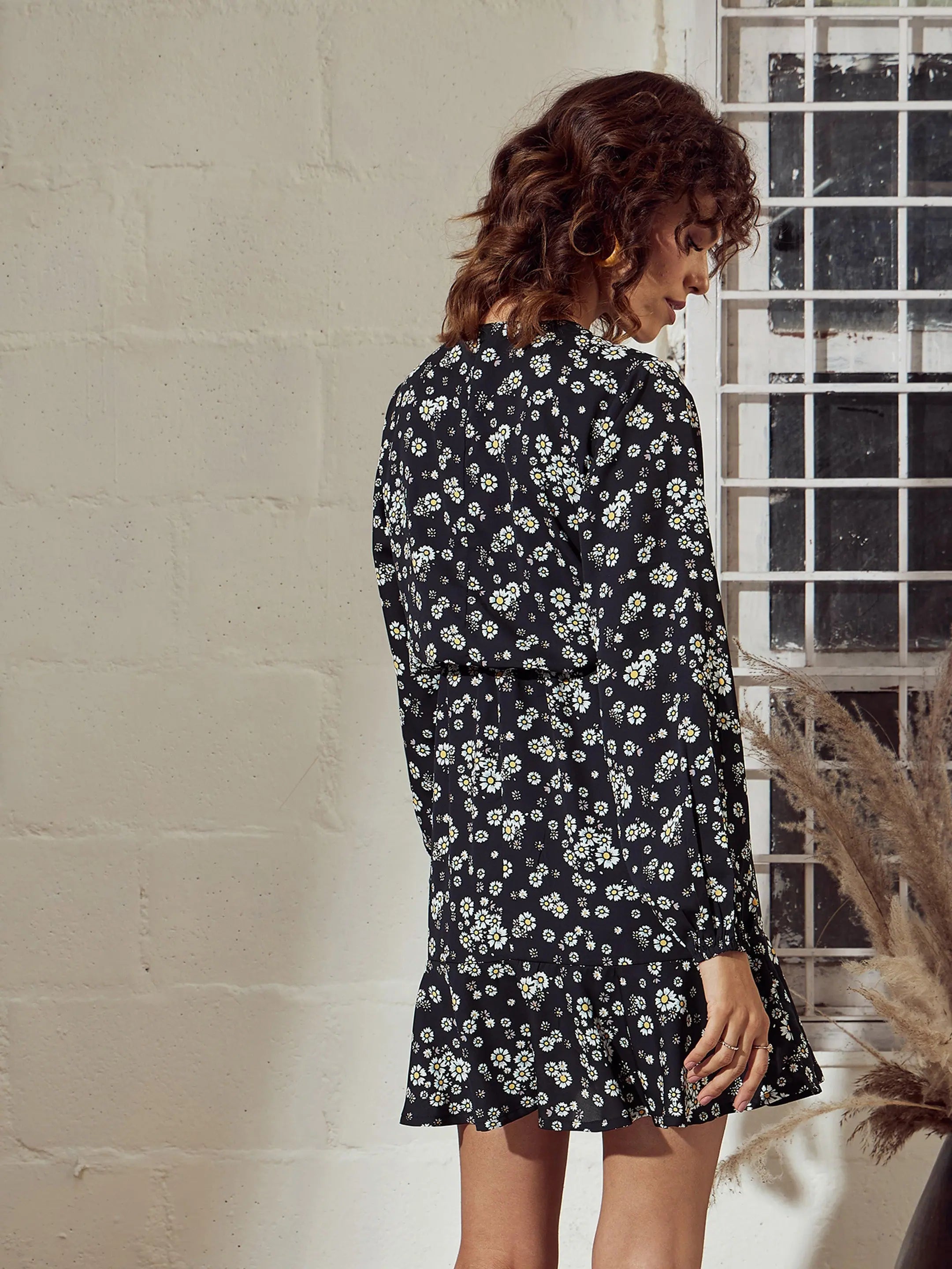 Black Floral Mini Dress | Women's Fit & Flare Frill Hem