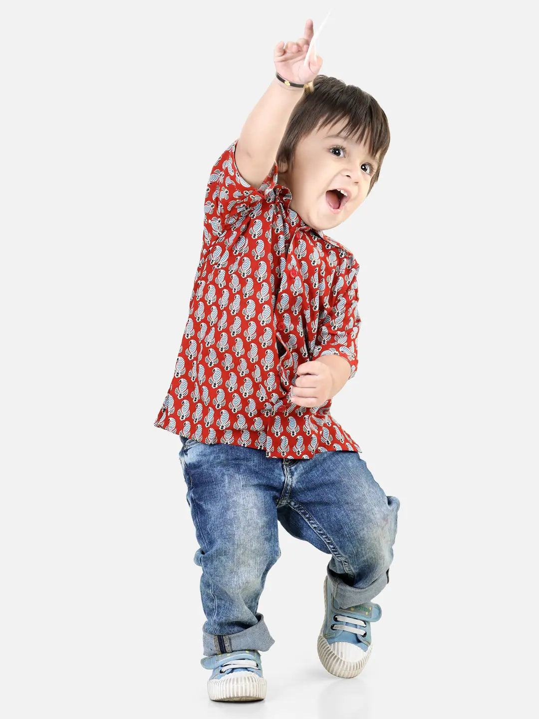BownBee Red Printed Cotton Shirt for Boys | Stylish Indian Wear