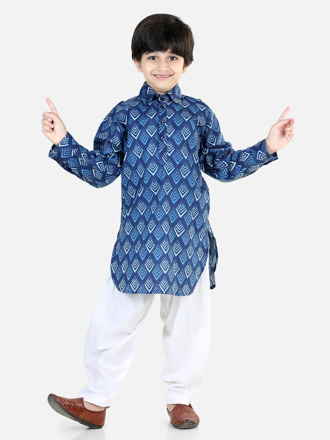 BownBee Blue Printed Cotton Pathani Salwar Set for Boys