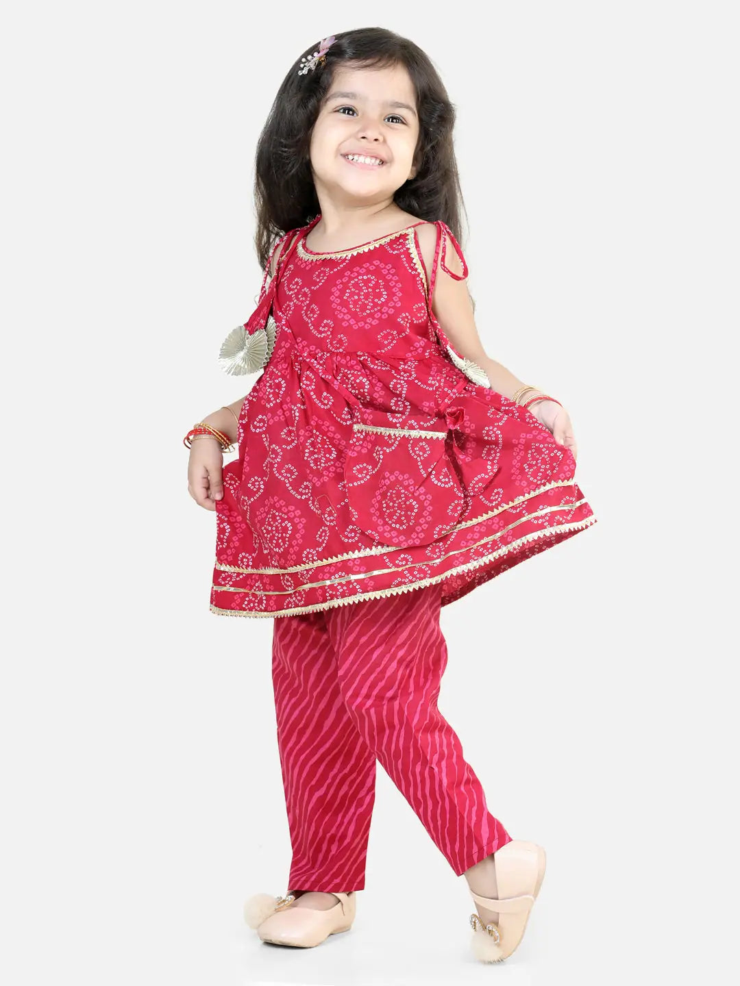 Cotton Printed Kurti Pant Set with Bag - Girls Indian Outfits