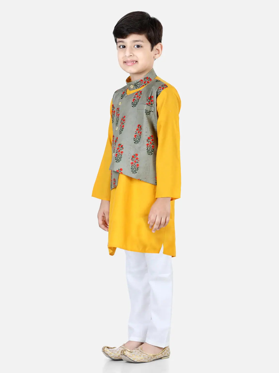 BownBee Grey Printed Jacket Kurta Pajama Set for Boys