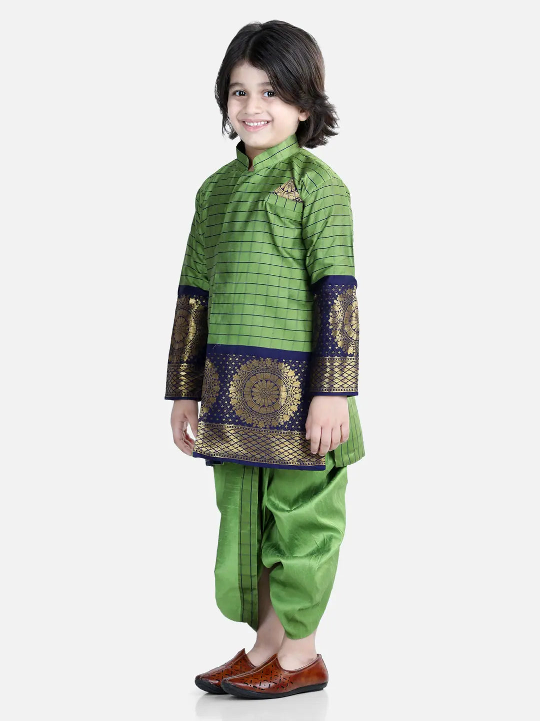 Green Silk Border Sherwani Dhoti Set - Boys Wedding Wear