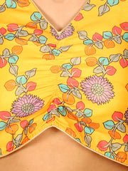 Chanderi Floral Print Choli with Lehenga for Girls- Yellow
