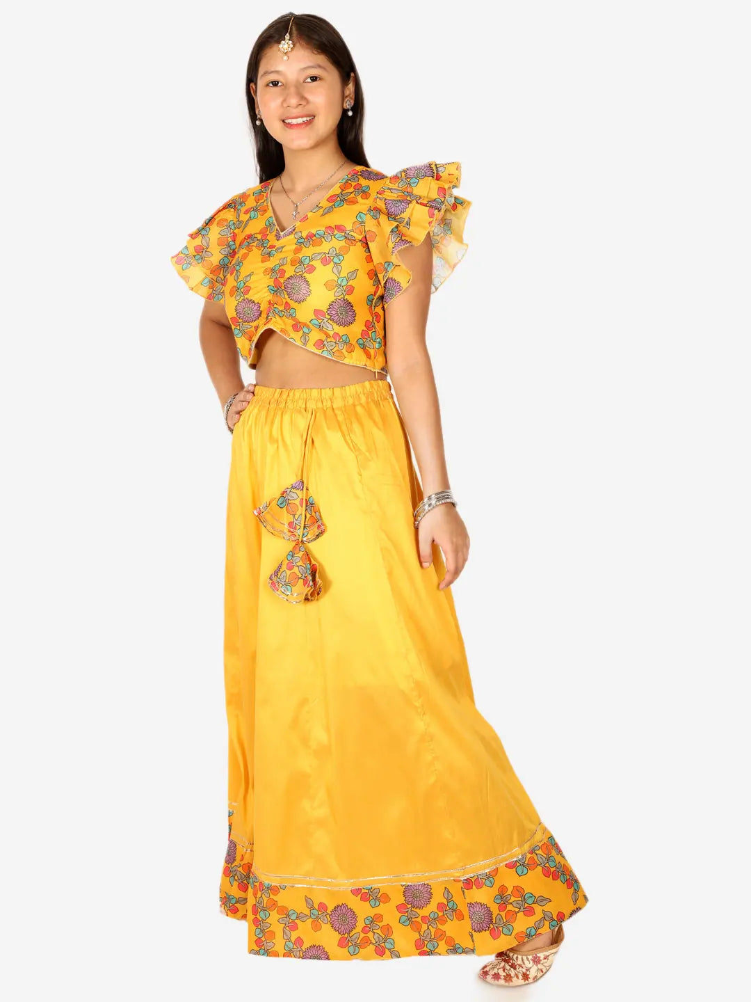 Yellow Chanderi Floral Lehenga Choli Set - Girls Indian Wear