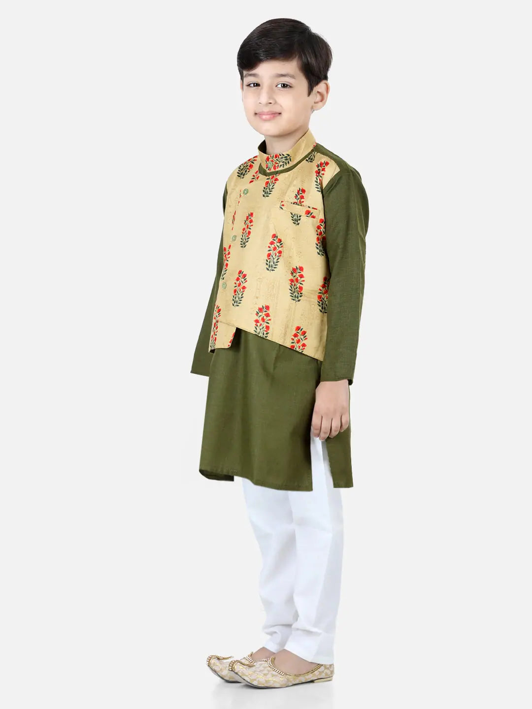 Green Printed Cotton Kurta Pajama with Jacket - Boys Indian Wear