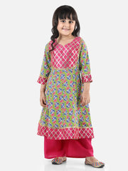 Block Print Cotton Anarkali Pant Suits Set- Green