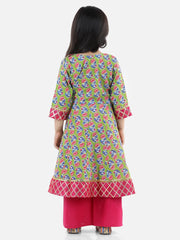 Block Print Cotton Anarkali Pant Suits Set- Green