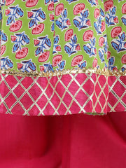 Block Print Cotton Anarkali Pant Suits Set- Green