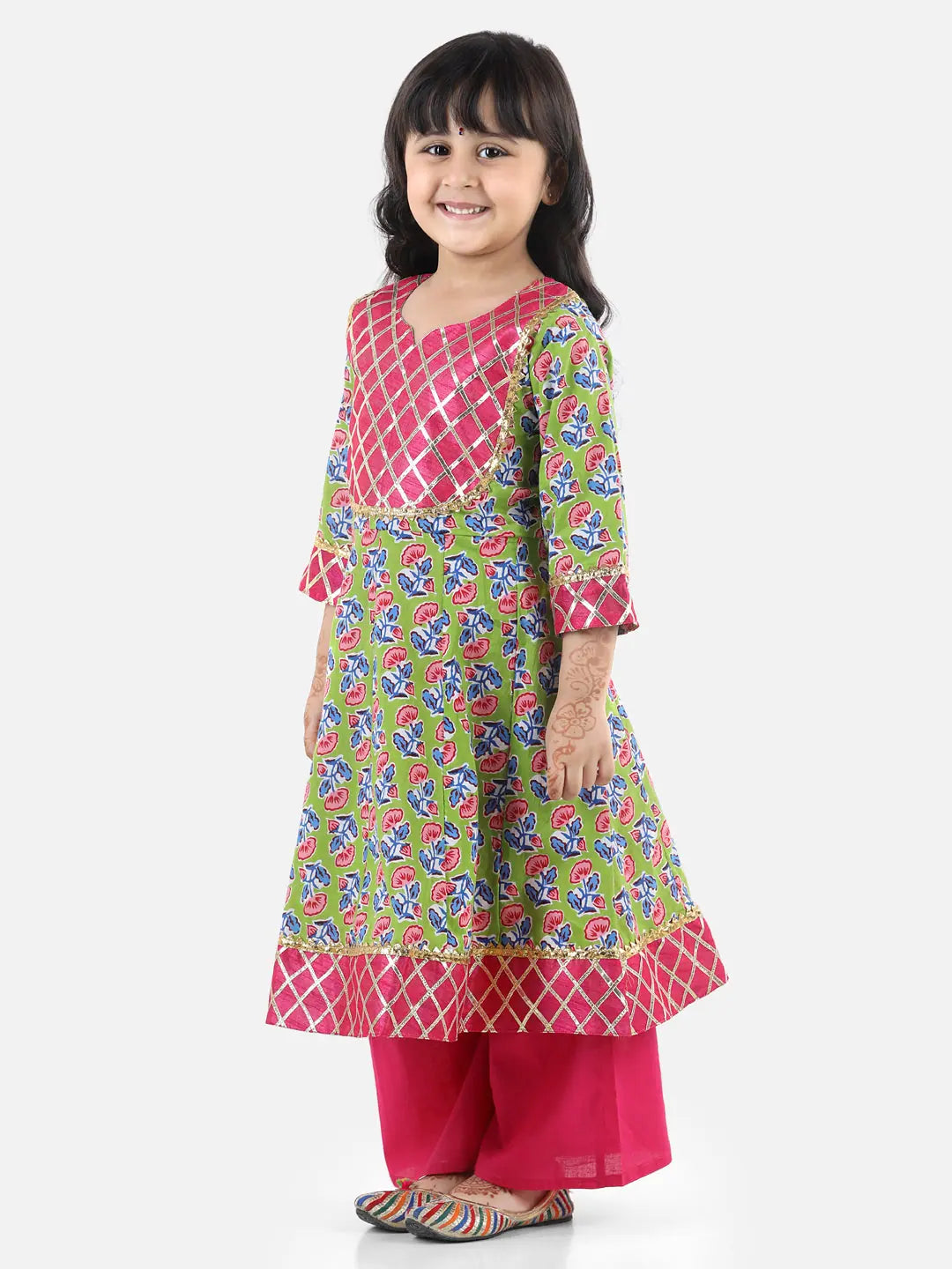 Green Cotton Anarkali Pant Suit Set-Indian Wear for Girls