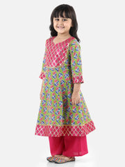 Block Print Cotton Anarkali Pant Suits Set- Green