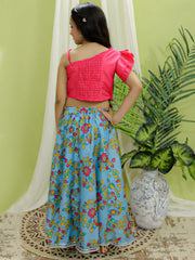 Chanderi Floral Print Off Shoulder Choli with Lehenga for Girls- Pink