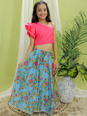 Chanderi Floral Print Off Shoulder Choli with Lehenga for Girls- Pink