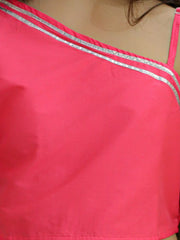 Chanderi Floral Print Off Shoulder Choli with Lehenga for Girls- Pink